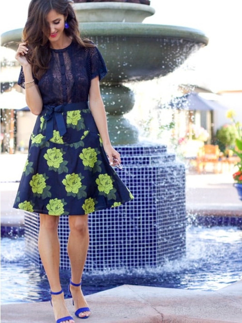 Navy Lace Top & Navy Dress with Yellow Floral Skirt
